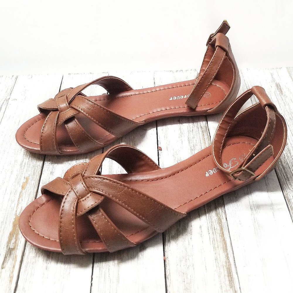 New Tan Braided  Woven Strap Peep Toe Flat Sandals